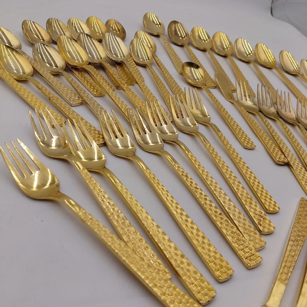 Stanley Roberts Inc. Gold Flatware Stainless Japan Golden Basket Weave 47 Pcs